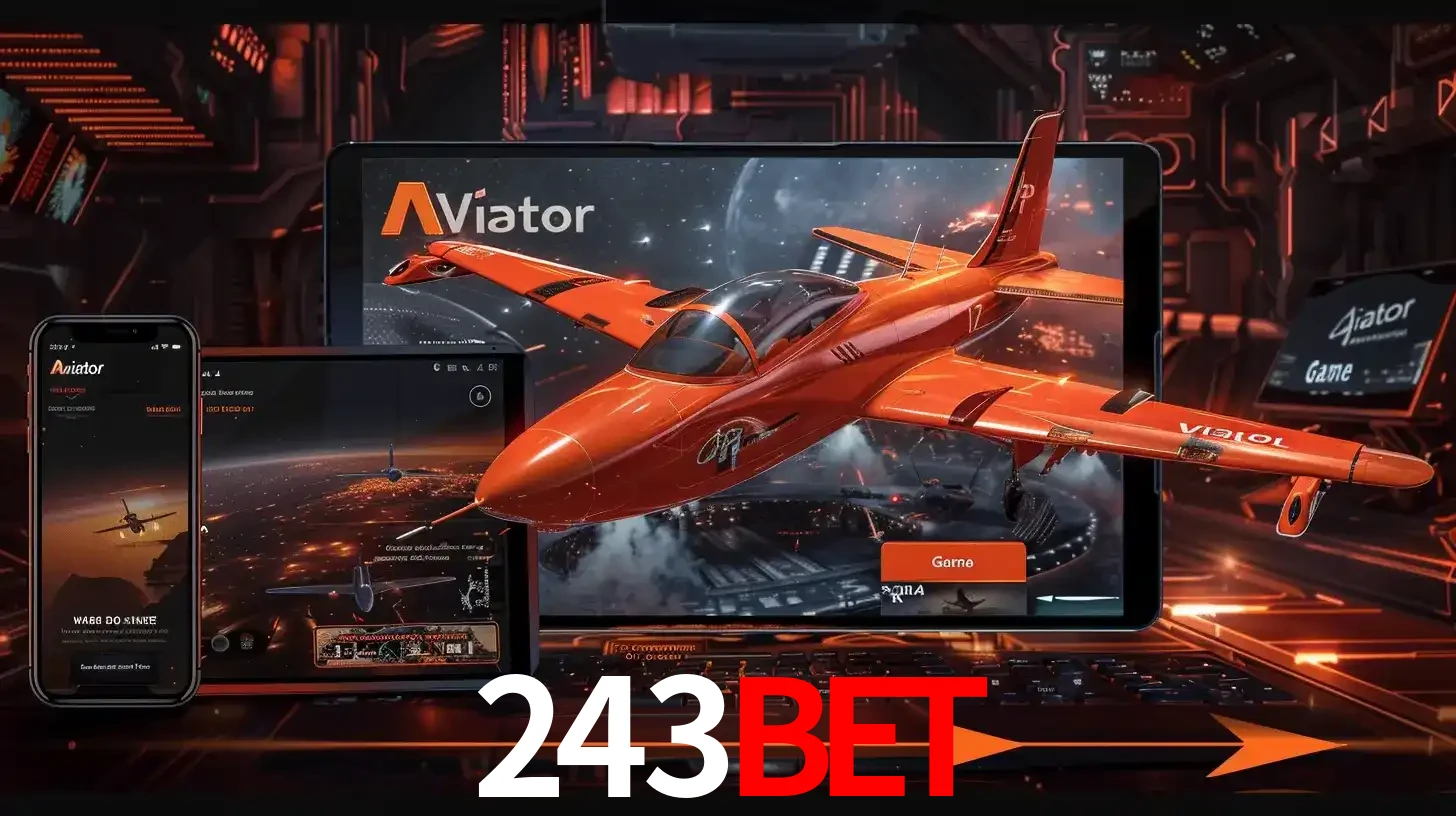 Apresentação tecnológica do jogo Aviator com um avião saindo da tela de um tablet, demonstrando a experiência imersiva em múltiplos dispositivos no 243bet.