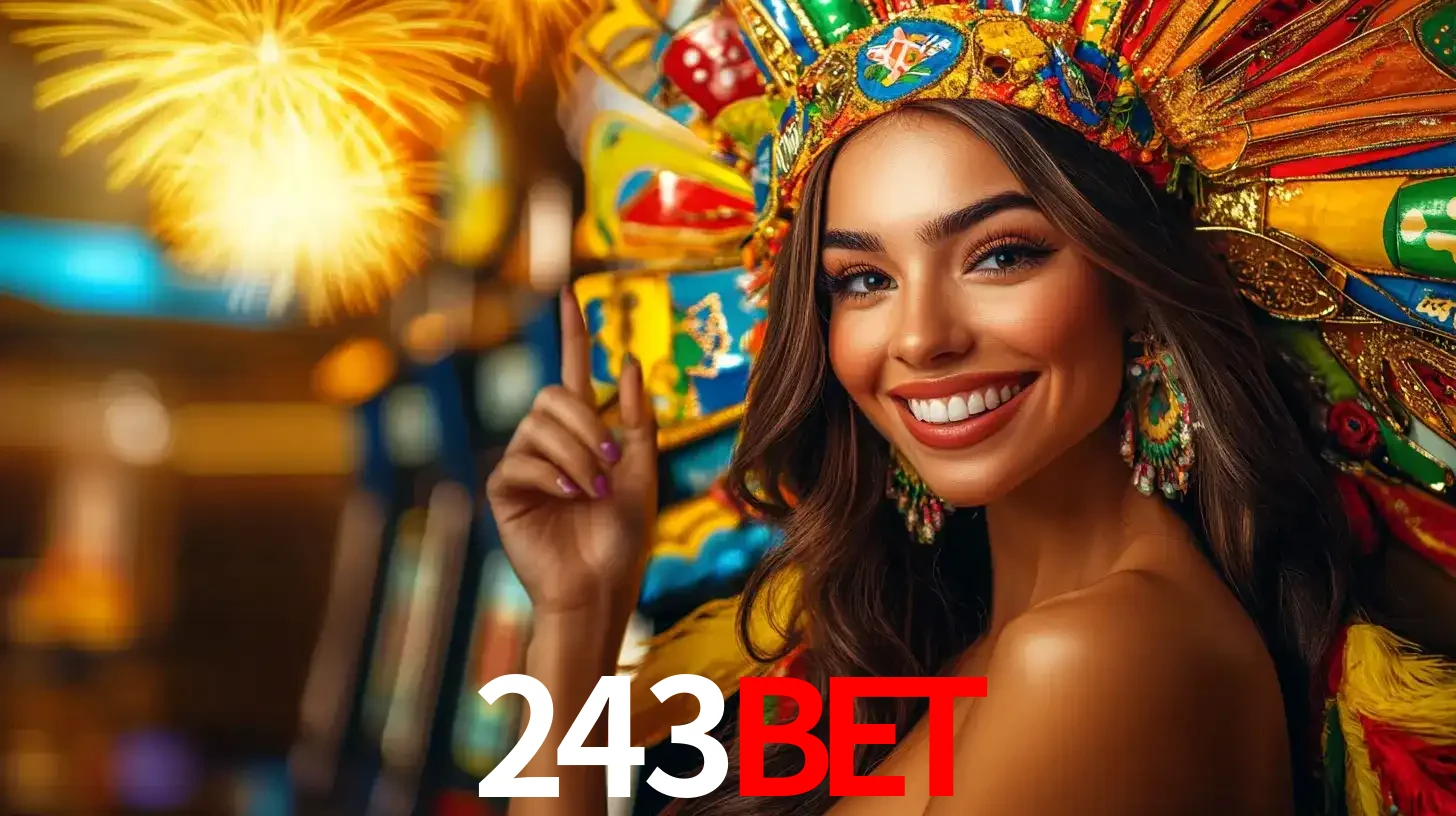 Mulher sorridente com um cocar de carnaval vibrante e colorido, celebrando uma grande vitória nos jogos do cassino 243bet com fogos de artifício ao fundo.