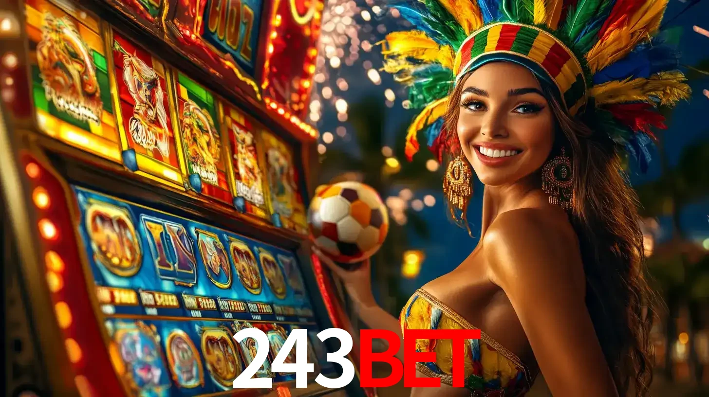 Mulher com um cocar de carnaval ao lado de uma máquina de caça-níqueis enquanto segura uma bola de futebol, mostrando a união da diversão de cassino e esportes no 243bet.