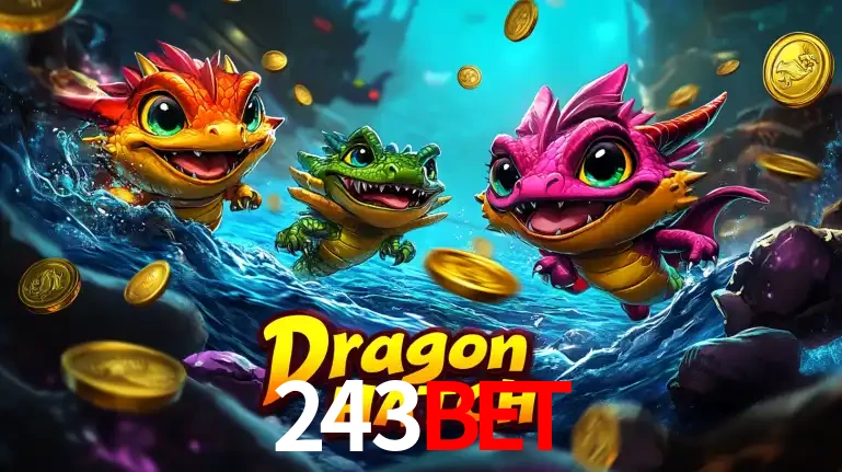Arte promocional do jogo Dragon Hatch com três adoráveis dragões bebês nadando entre moedas de ouro, um dos slots mais divertidos para jogar no cassino 243bet.
