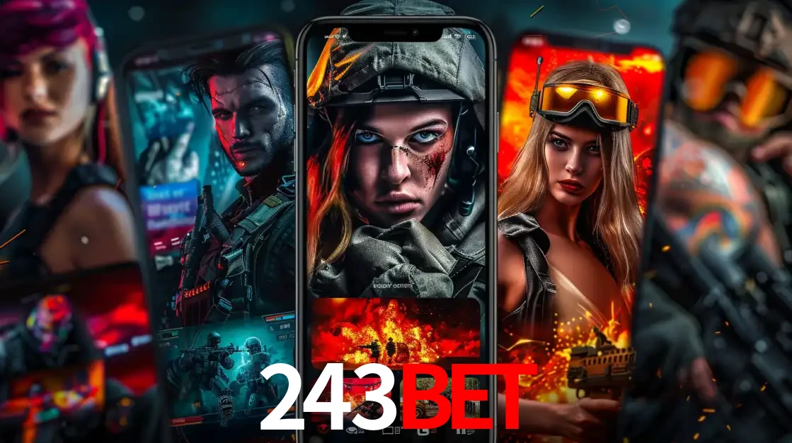 Montagem de telas de celular mostrando diversos personagens, masculinos e femininos, de um jogo de tiro, ilustrando a diversidade de equipes de e-sports para apostar no 243bet.