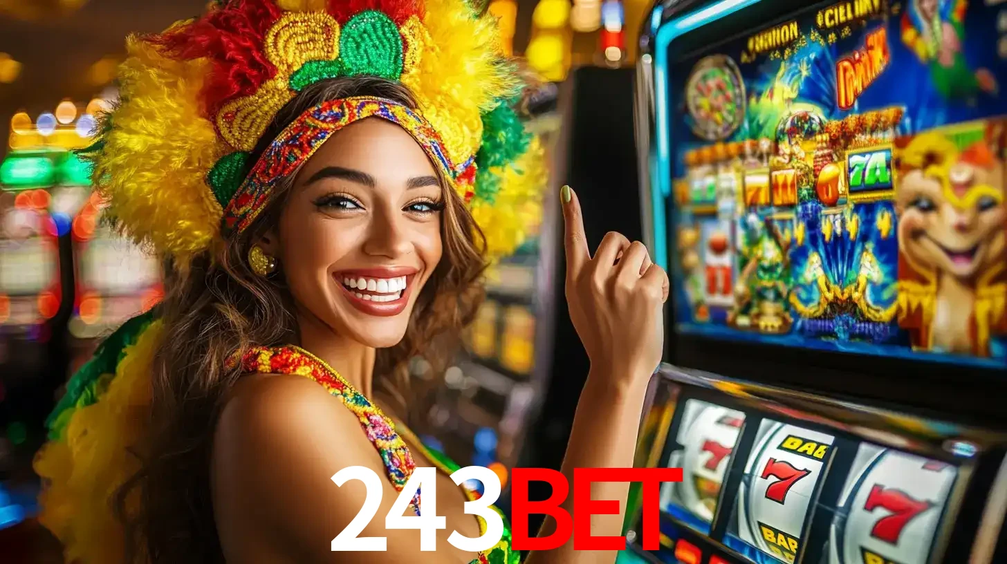 Mulher animada com um cocar de carnaval apontando para uma máquina de caça-níqueis, mostrando a emoção de ganhar um grande prêmio nos jogos do 243bet.