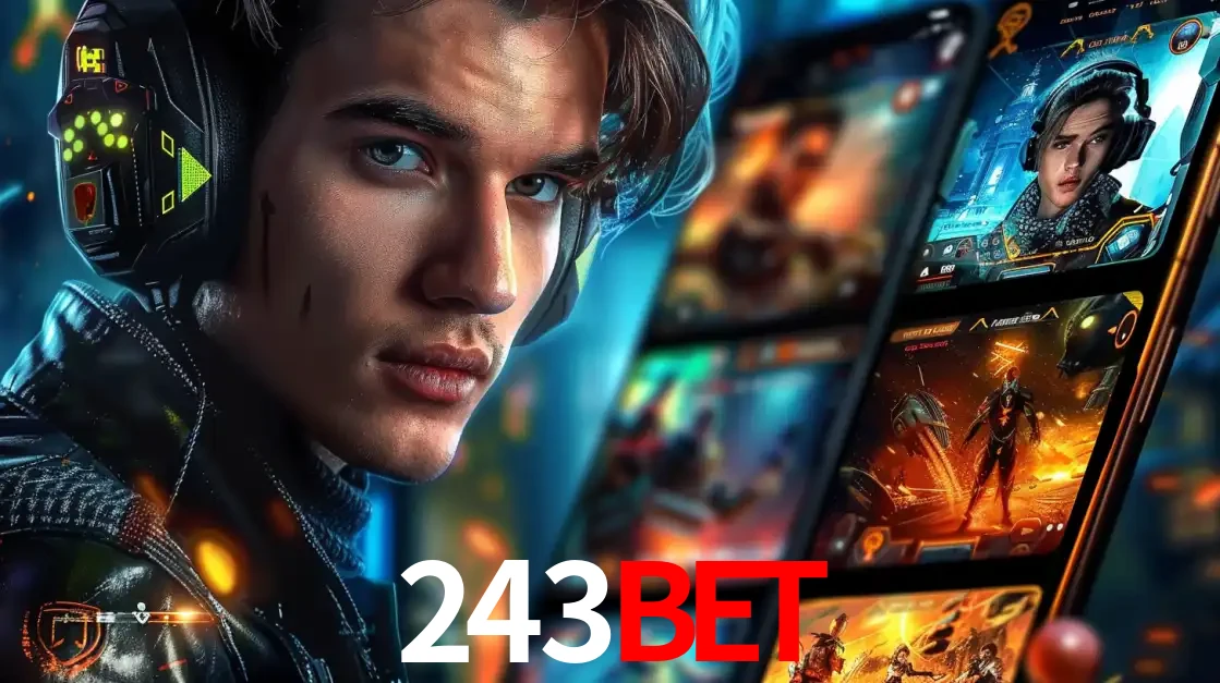 Jovem jogador com fones de ouvido olhando para a câmera, com um aplicativo de jogos e e-sports para celular ao fundo, pronto para a competição e apostas no 243bet.