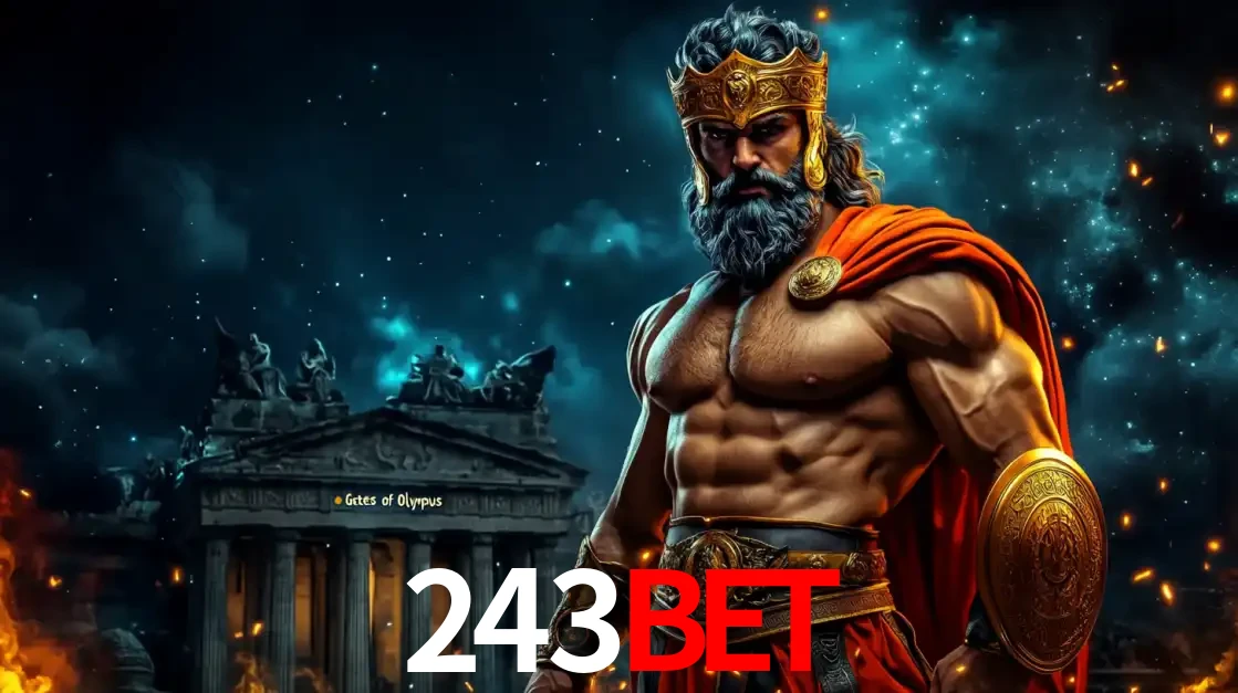 O poderoso Zeus do jogo de slot Gates of Olympus em frente ao seu templo, pronto para lançar multiplicadores divinos e prêmios épicos no cassino online 243bet.