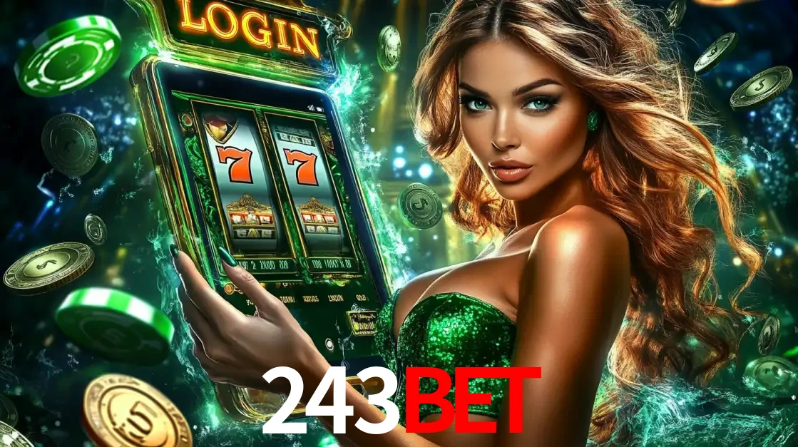 Mulher com tema verde apresentando o aplicativo do cassino 243bet com um jogo de slot de 777, cercada por fichas de cassino e uma aura de sorte.