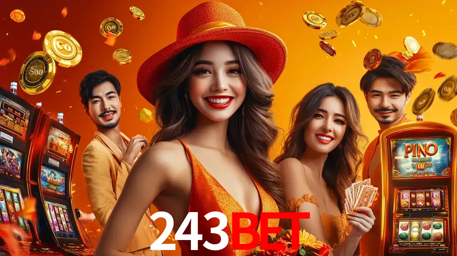 Grupo de amigos asiáticos sorrindo e se divertindo com máquinas de caça-níqueis em um ambiente festivo, celebrando suas vitórias nos jogos de cassino do 243bet.