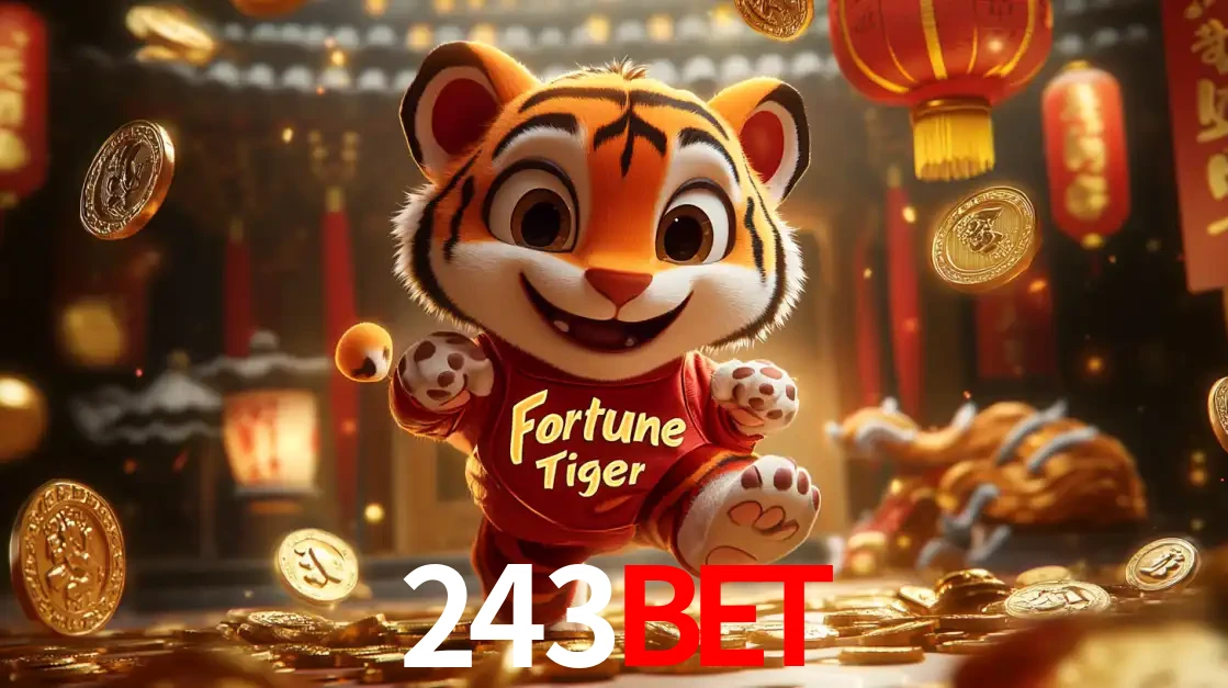 O alegre personagem do Fortune Tiger correndo sobre um caminho de moedas de ouro, simbolizando os grandes prêmios e a diversão do popular jogo de slot do 243bet.