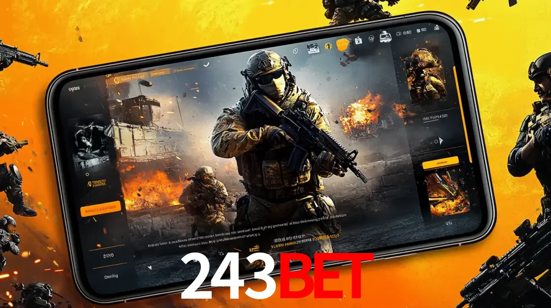 Um smartphone exibindo a interface de um jogo de tiro em primeira pessoa, com um soldado em um cenário de batalha, representando a ação dos e-sports para apostar no 243bet.