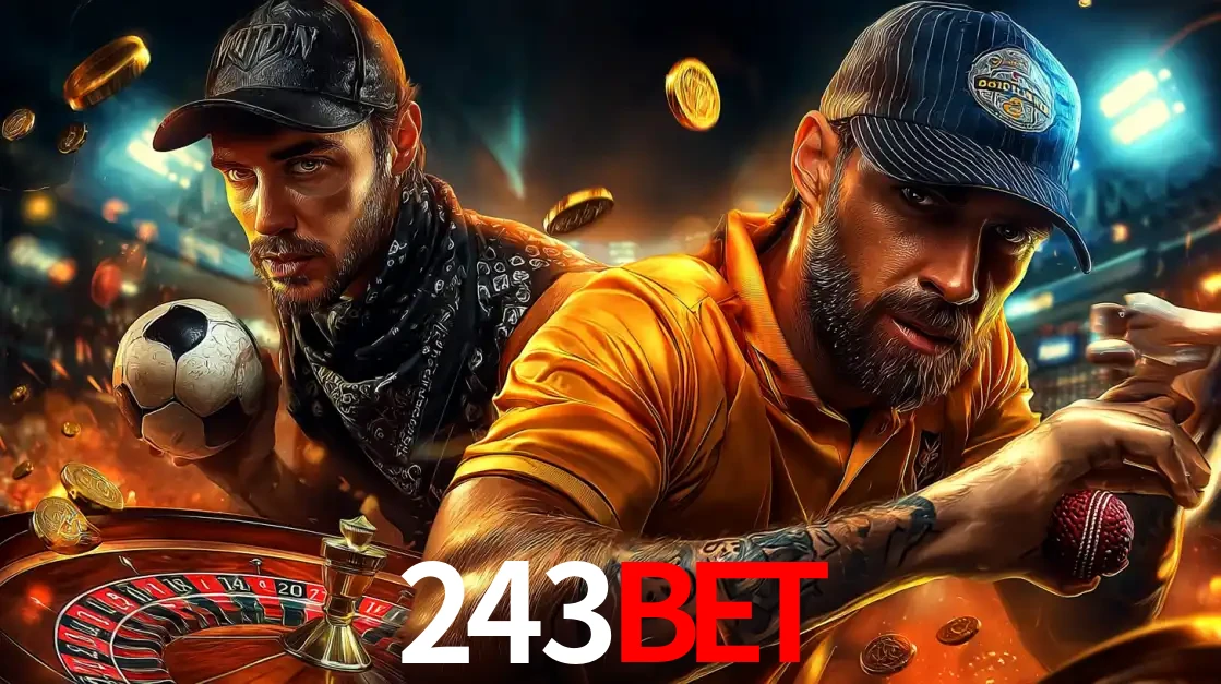 Montagem de apostas esportivas e cassino no 243bet, com um homem segurando uma bola de futebol e outro uma de beisebol sobre uma roleta e moedas voadoras.