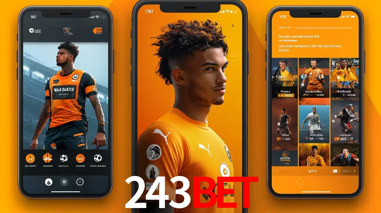 Interface do aplicativo de apostas esportivas 243bet em três telas de celular, mostrando o perfil de um jogador de futebol e a lista de jogos disponíveis para apostar.