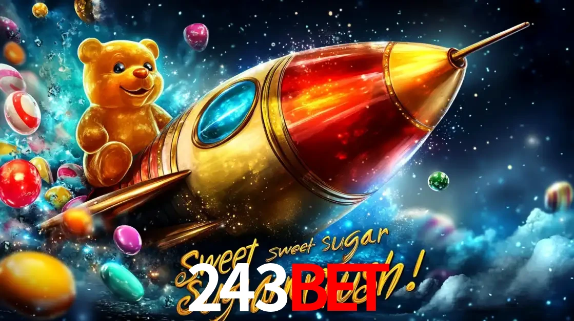Arte promocional do jogo de slot Sugar Rush, com um urso de pelúcia em um foguete viajando pelo espaço de doces, um dos jogos divertidos disponíveis no cassino 243bet.