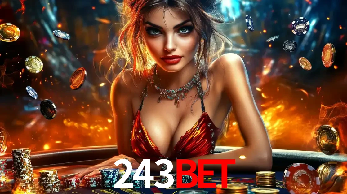 Mulher em uma mesa de cassino com pilhas de fichas e um fundo de fogo, pronta para uma rodada de altas apostas nos jogos de mesa emocionantes do cassino 243bet.