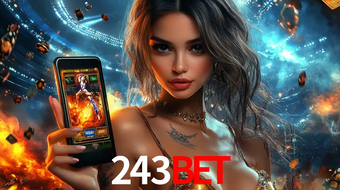 Mulher segurando um celular com um jogo de slot em destaque, tendo como fundo um estádio vibrante, simbolizando a emoção de jogar no cassino móvel 243bet.