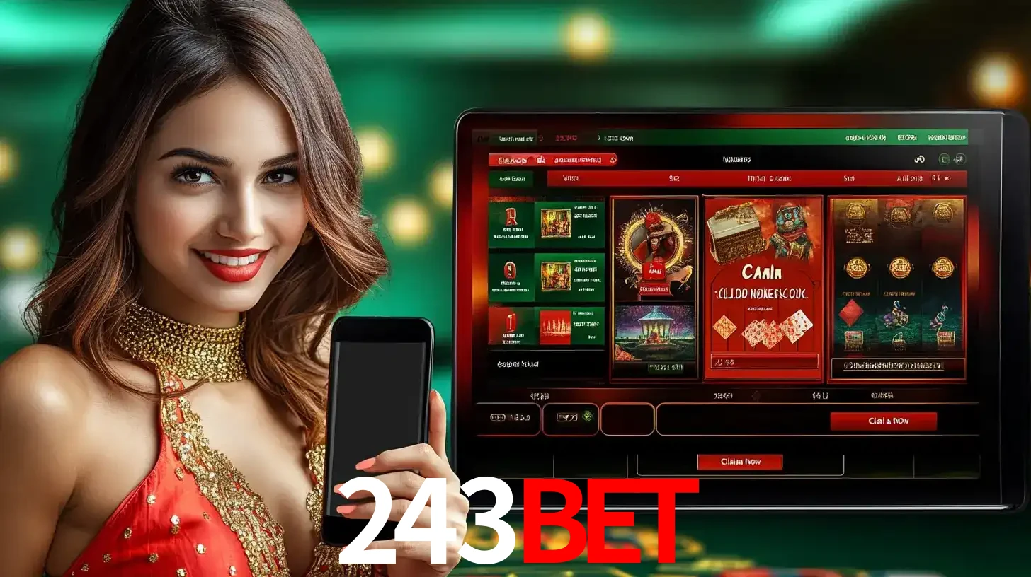 Mulher sorridente segurando um smartphone, ao lado de uma tela exibindo o lobby de jogos do cassino online 243bet, com várias opções de jogos de cartas e slots.